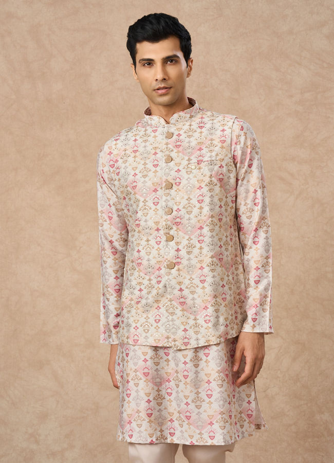 Manyavar Men Pink Blended Viscose Kurta Jacket Set with Print