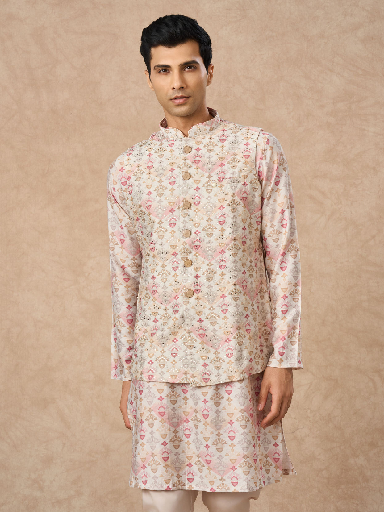 Manyavar Men Pink Blended Viscose Kurta Jacket Set with Print