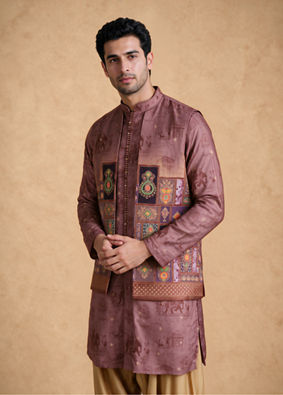 Manyavar Men Orange Silk Printed Kurta Jacket Set