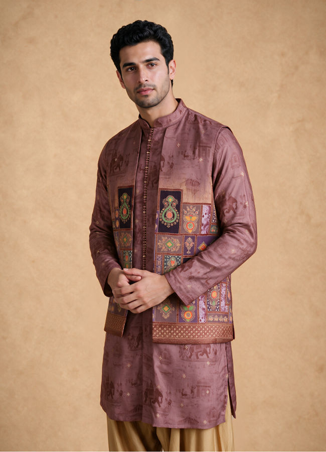 Manyavar Men Orange Silk Printed Kurta Jacket Set
