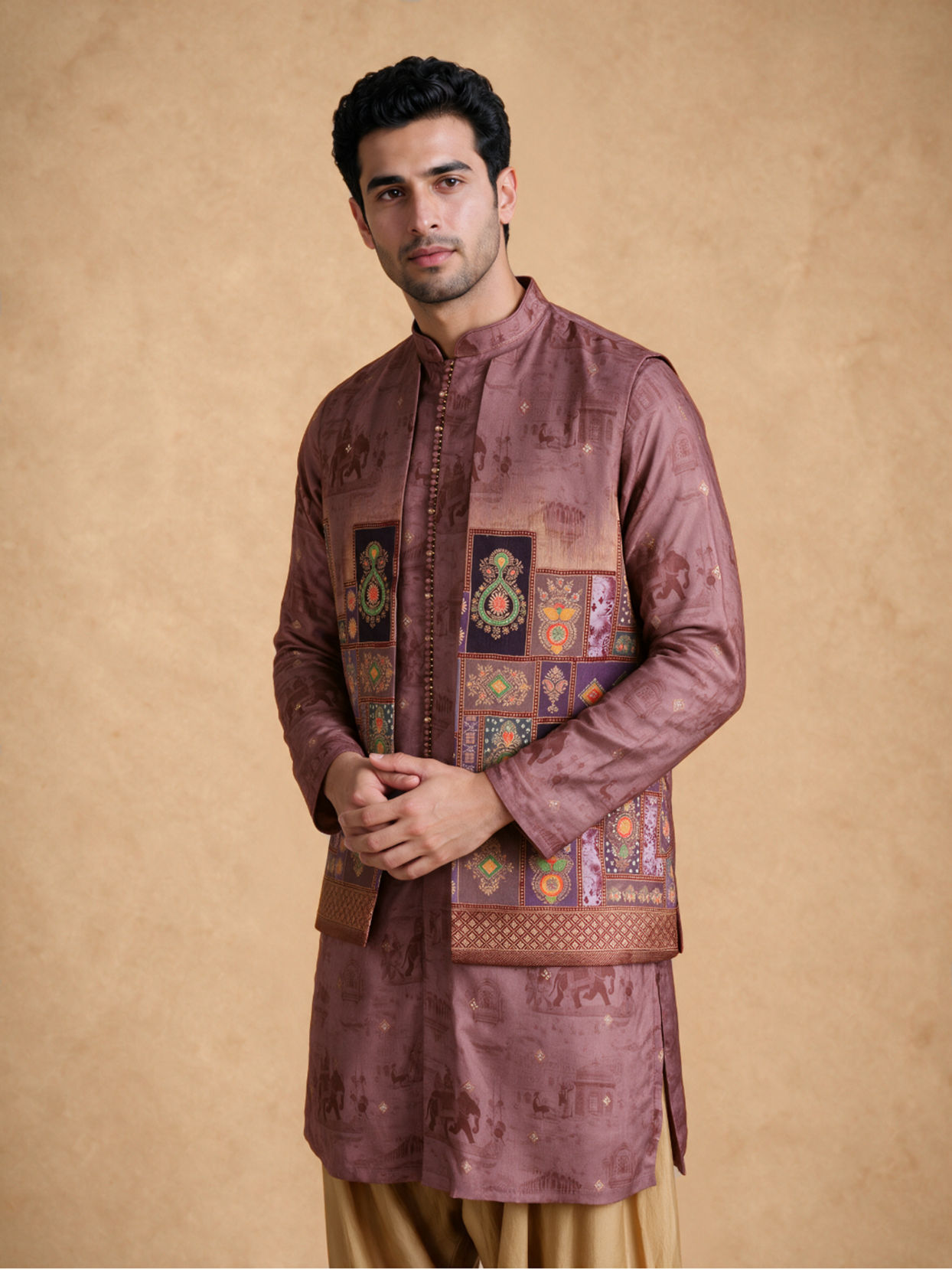 Manyavar Men Orange Silk Printed Kurta Jacket Set