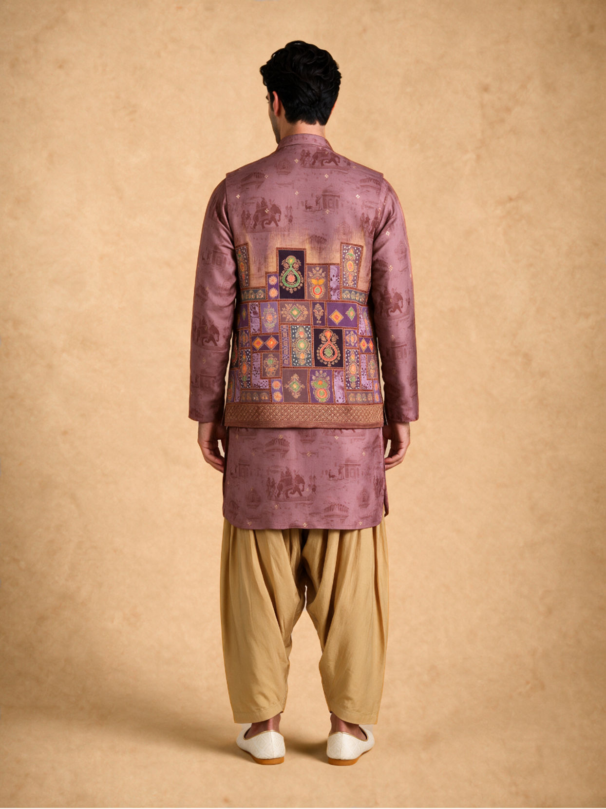 Manyavar Men Orange Silk Printed Kurta Jacket Set