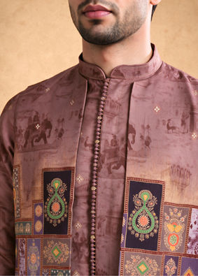 Manyavar Men Orange Silk Printed Kurta Jacket Set