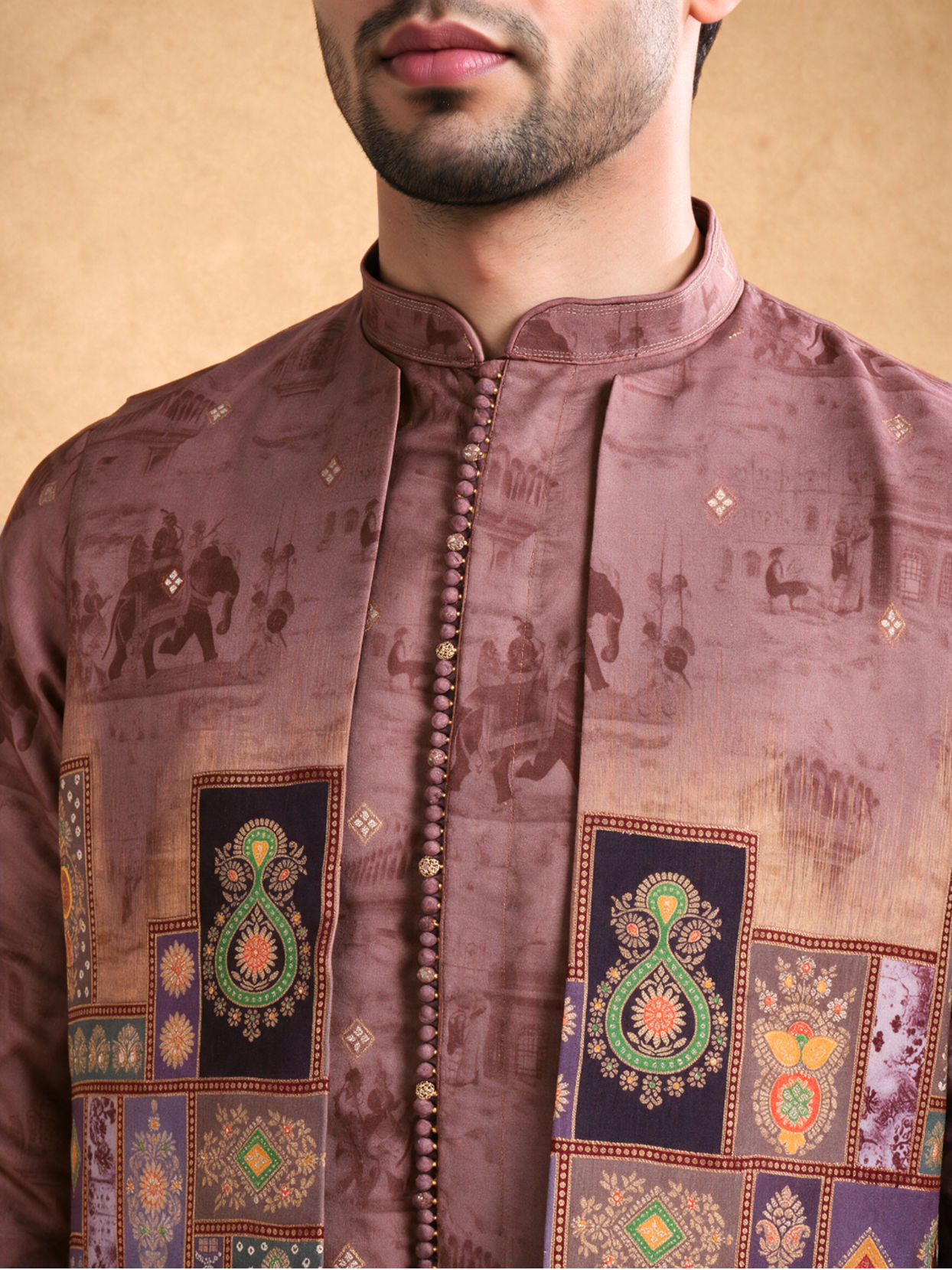 Manyavar Men Orange Silk Printed Kurta Jacket Set