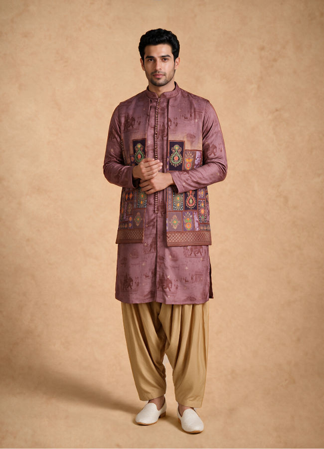 Manyavar Men Orange Silk Printed Kurta Jacket Set
