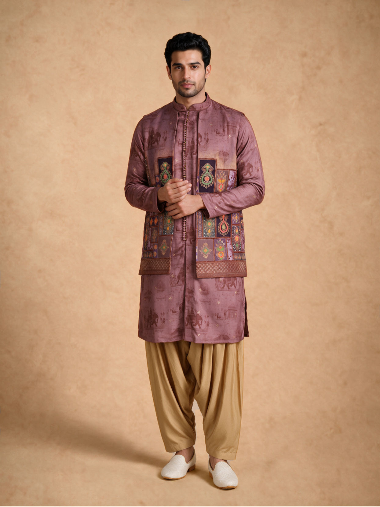 Manyavar Men Orange Silk Printed Kurta Jacket Set