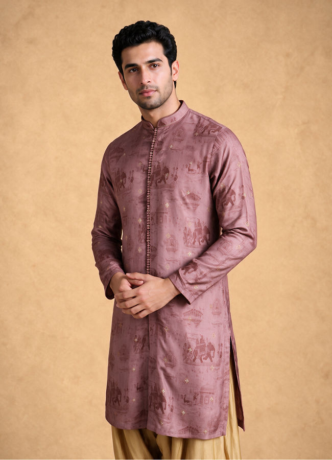 Manyavar Men Orange Silk Printed Kurta Jacket Set