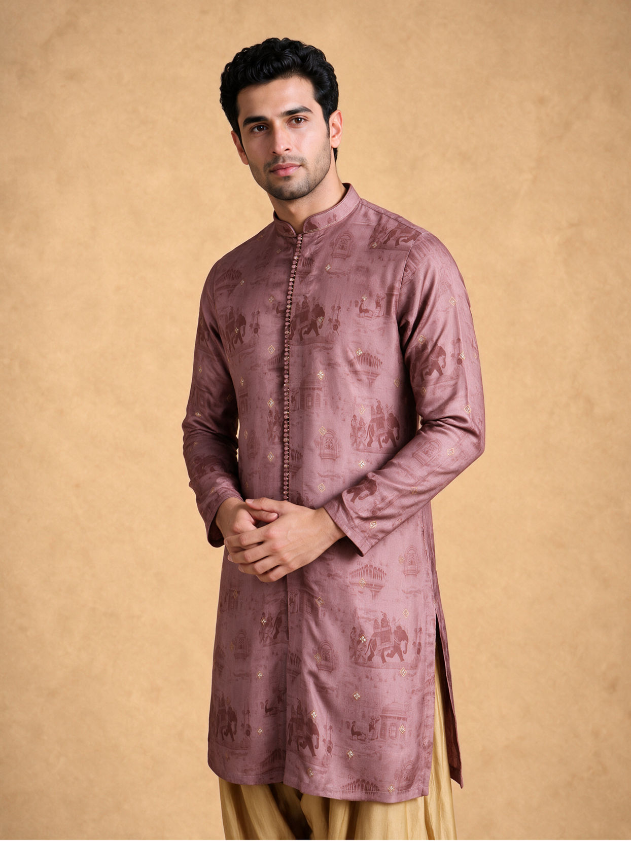 Manyavar Men Orange Silk Printed Kurta Jacket Set