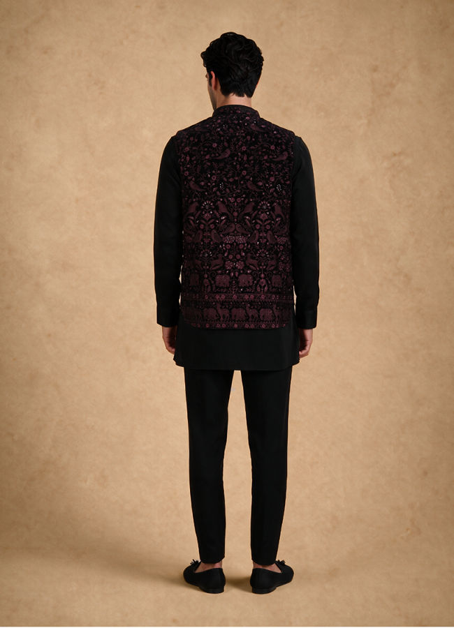 Manyavar Men Black Velvet Kurta Jacket Set with Embroidery