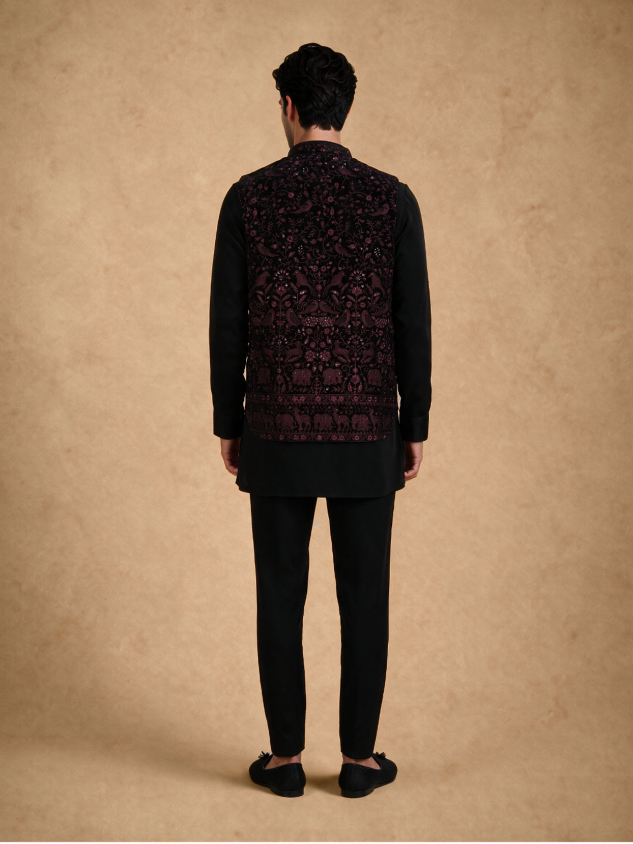 Manyavar Men Black Velvet Kurta Jacket Set with Embroidery