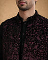 Manyavar Men Black Velvet Kurta Jacket Set with Embroidery