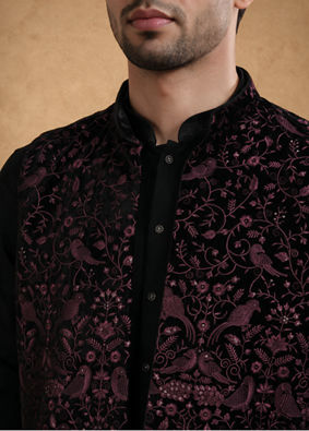 Manyavar Men Black Velvet Kurta Jacket Set with Embroidery