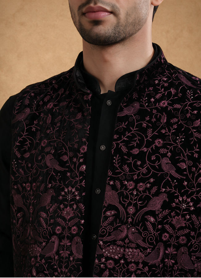 Manyavar Men Black Velvet Kurta Jacket Set with Embroidery