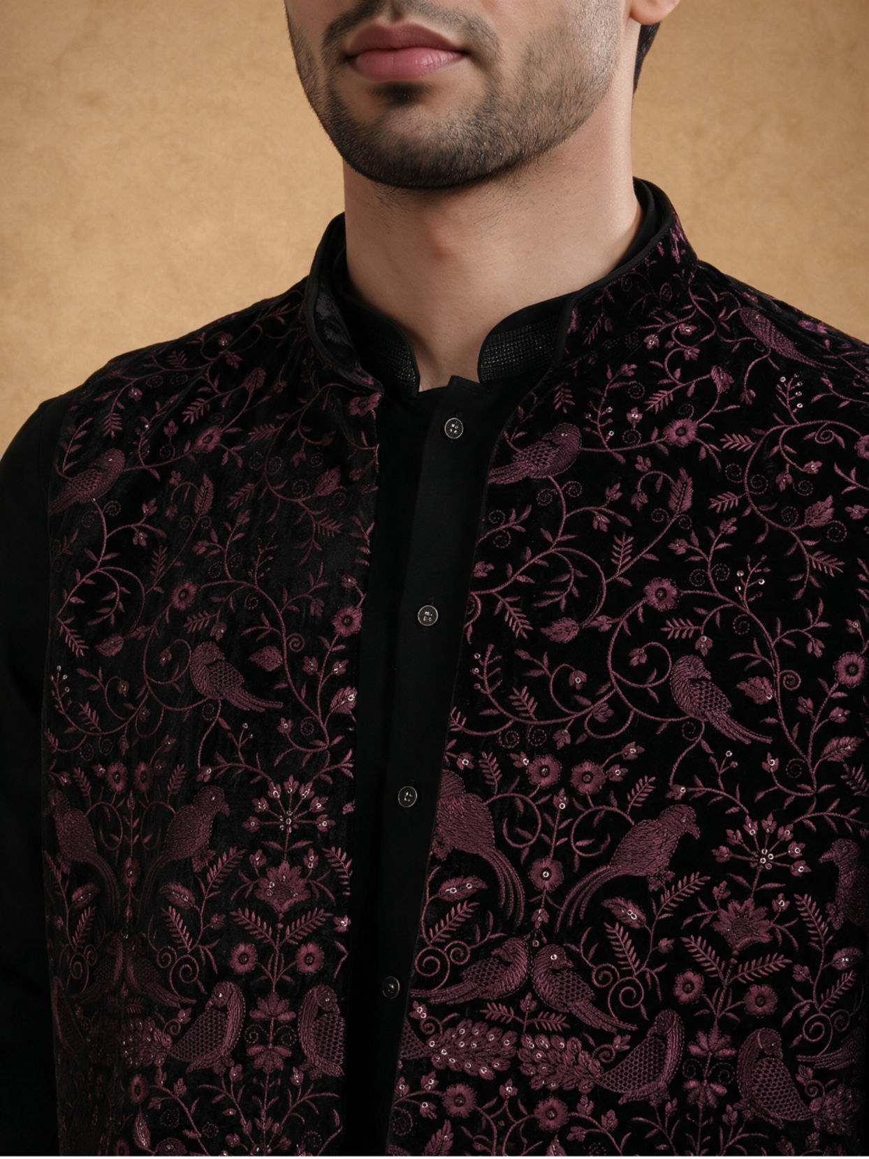Manyavar Men Black Velvet Kurta Jacket Set with Embroidery