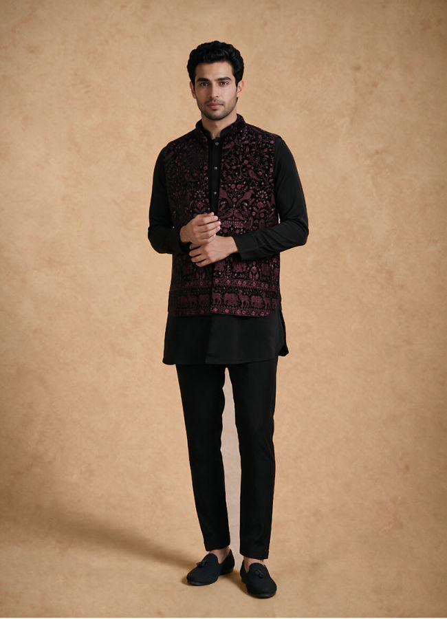 Manyavar Men Black Velvet Kurta Jacket Set with Embroidery
