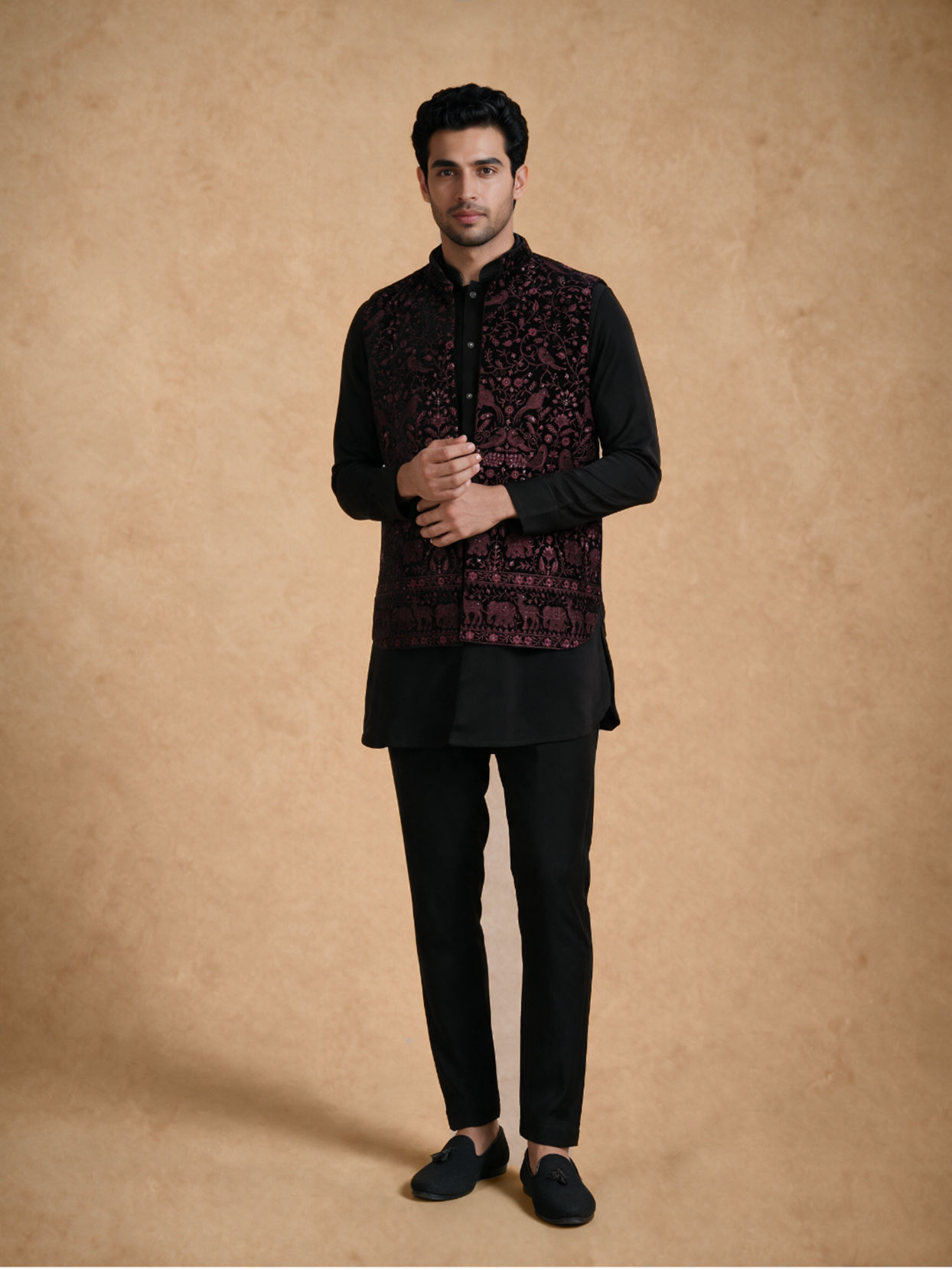 Manyavar Men Black Velvet Kurta Jacket Set with Embroidery