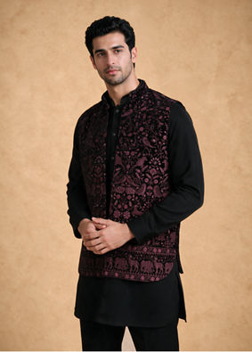 Manyavar Men Black Velvet Kurta Jacket Set with Embroidery