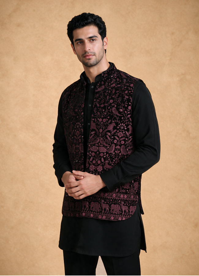 Manyavar Men Black Velvet Kurta Jacket Set with Embroidery