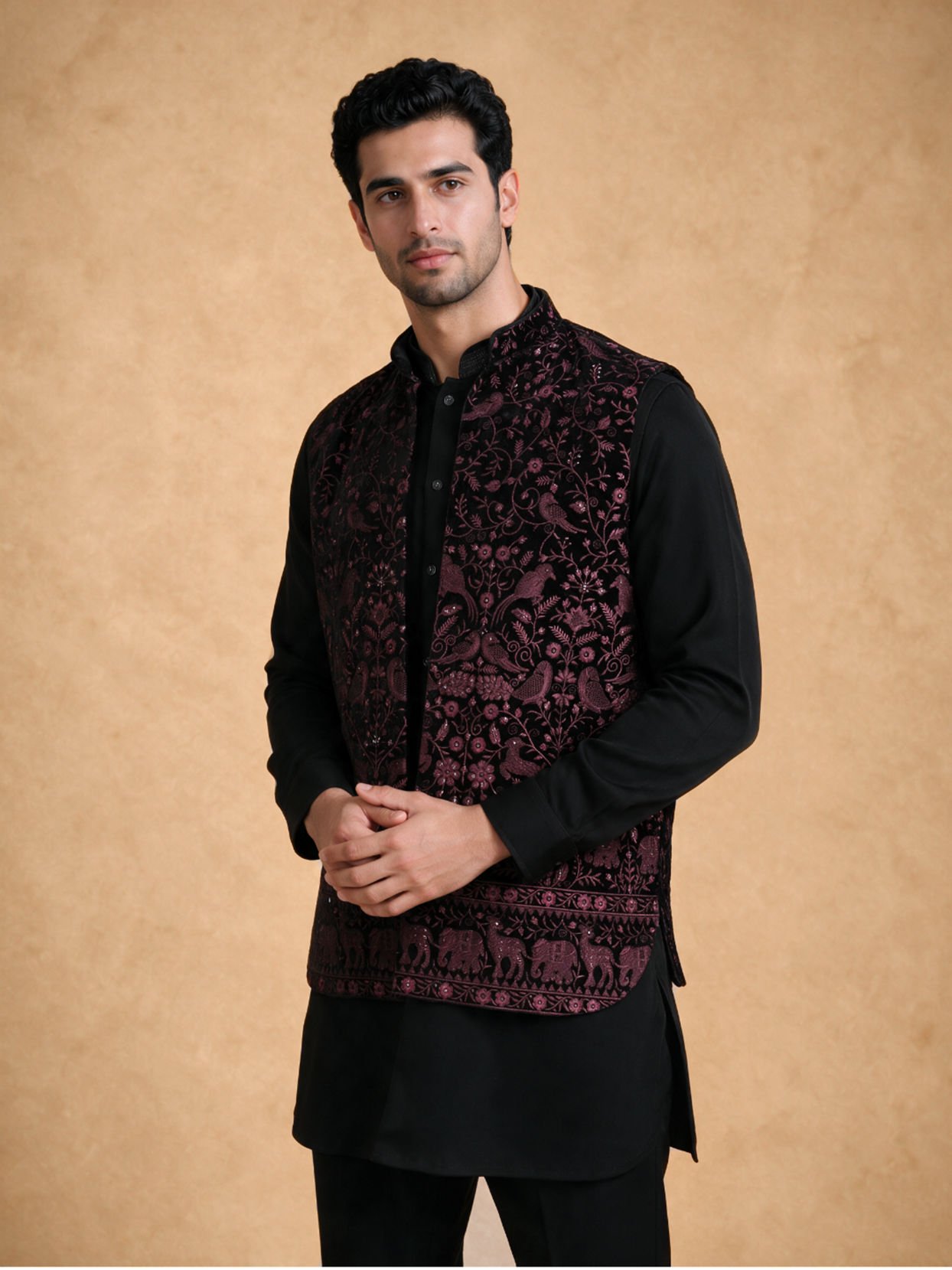 Manyavar Men Black Velvet Kurta Jacket Set with Embroidery