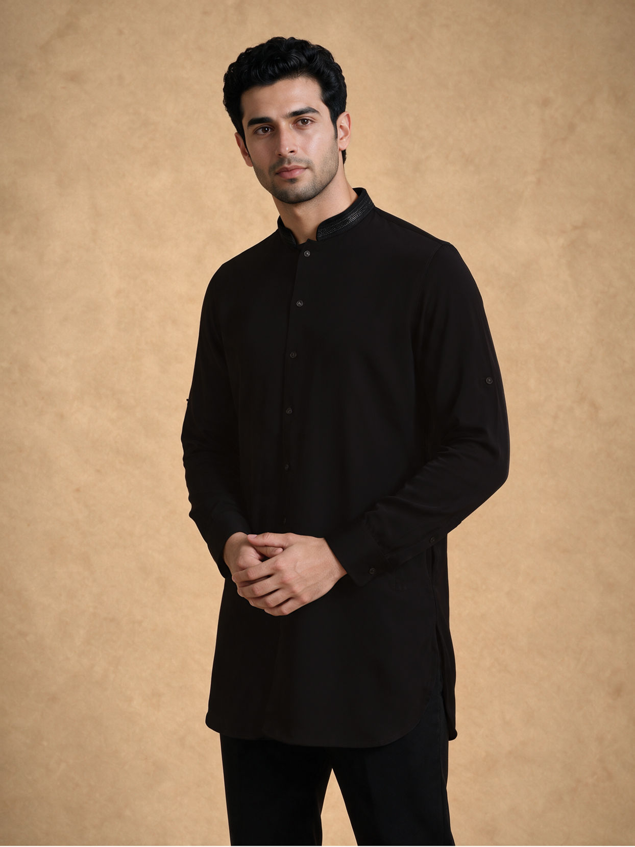 Manyavar Men Black Velvet Kurta Jacket Set with Embroidery