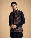 Manyavar Men Blue Velvet Kurta Jacket Set with Embroidery