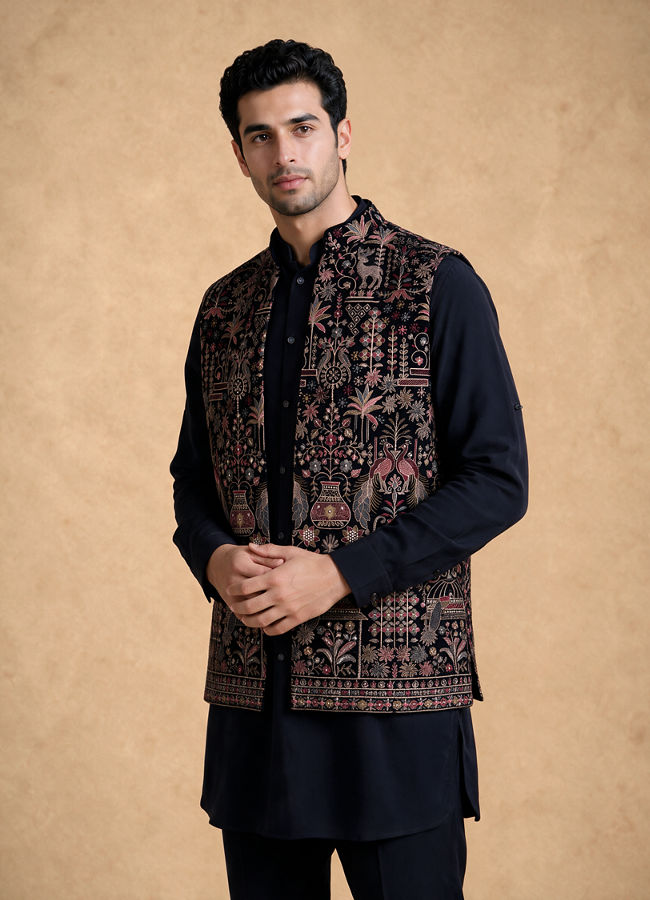 Manyavar Men Blue Velvet Kurta Jacket Set with Embroidery