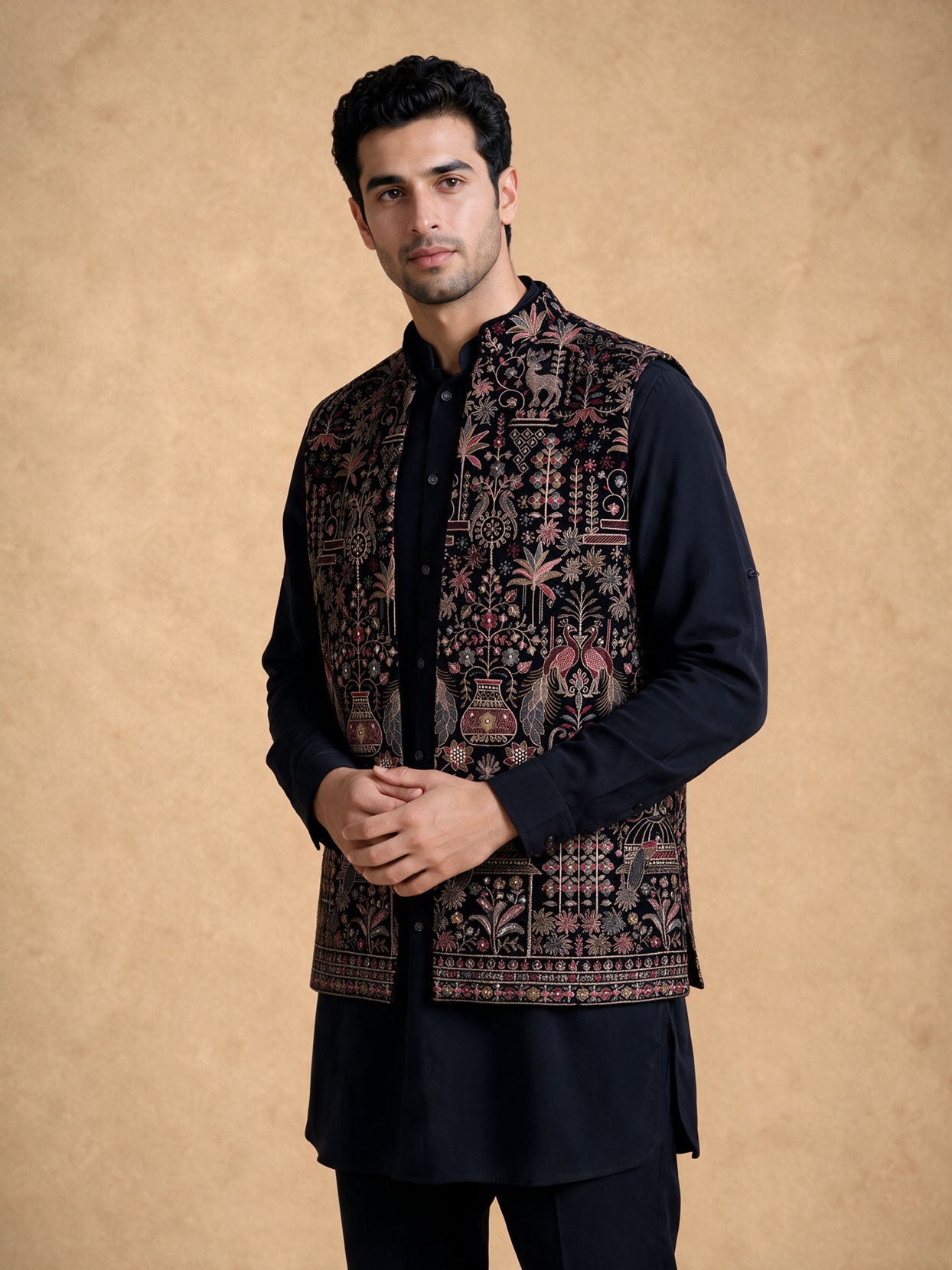 Manyavar Men Blue Velvet Kurta Jacket Set with Embroidery