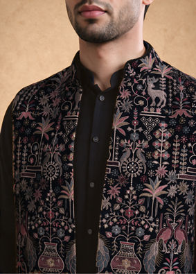 Manyavar Men Blue Velvet Kurta Jacket Set with Embroidery