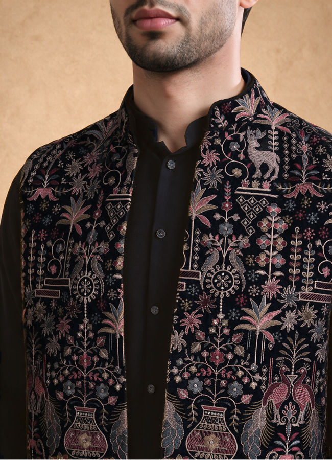 Manyavar Men Blue Velvet Kurta Jacket Set with Embroidery