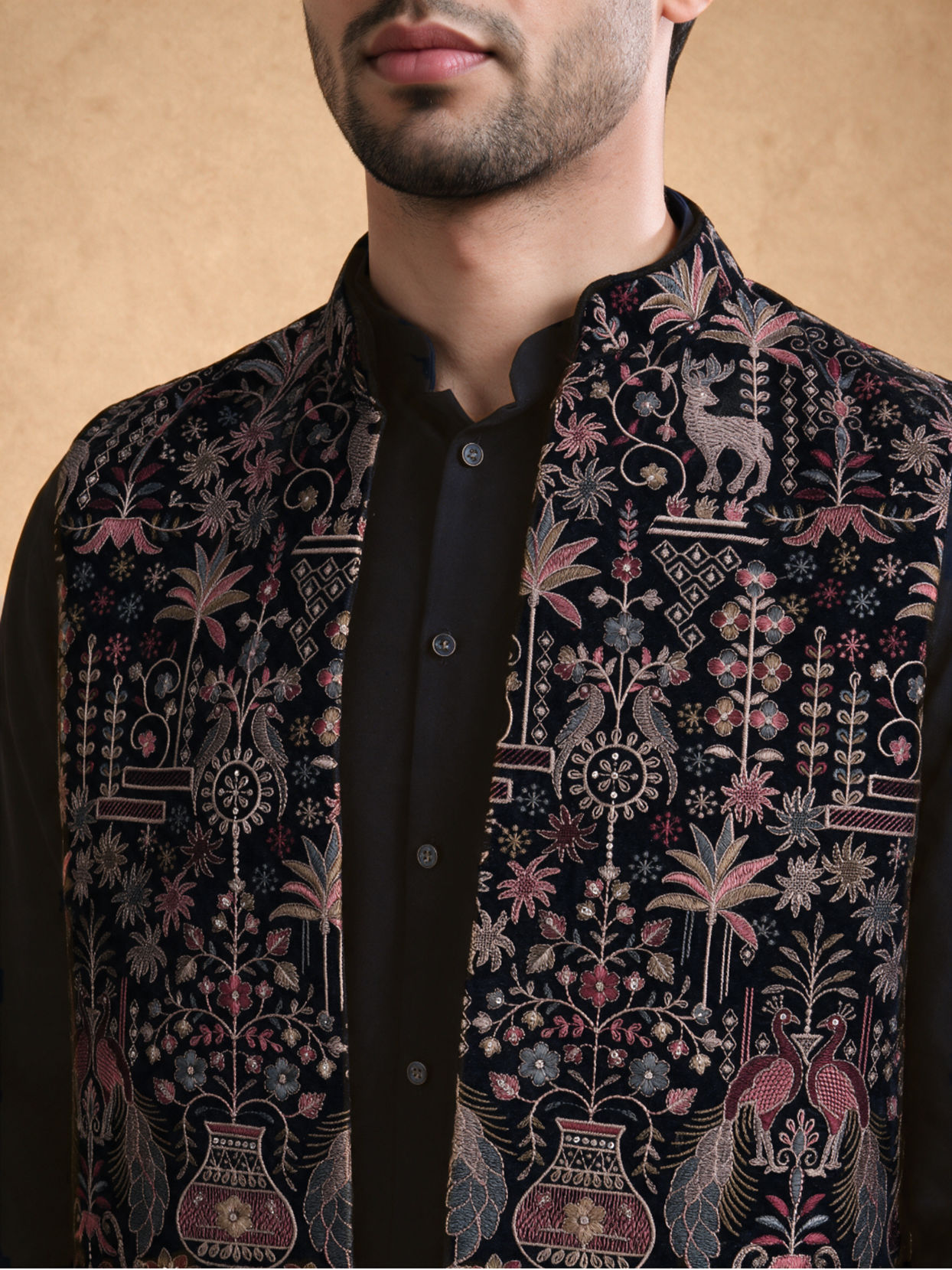 Manyavar Men Blue Velvet Kurta Jacket Set with Embroidery