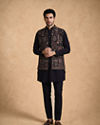 Manyavar Men Blue Velvet Kurta Jacket Set with Embroidery