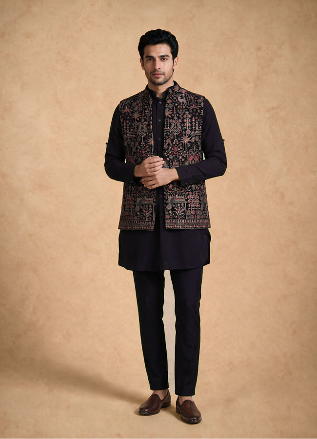 Manyavar Men Blue Velvet Kurta Jacket Set with Embroidery