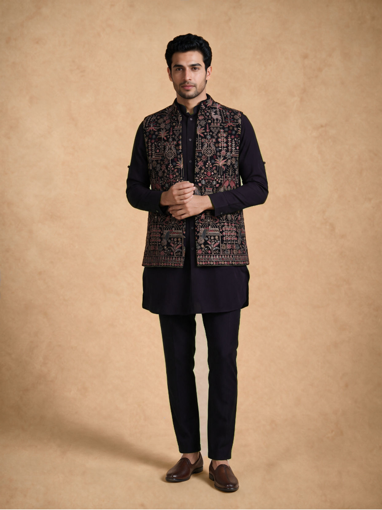 Manyavar Men Blue Velvet Kurta Jacket Set with Embroidery