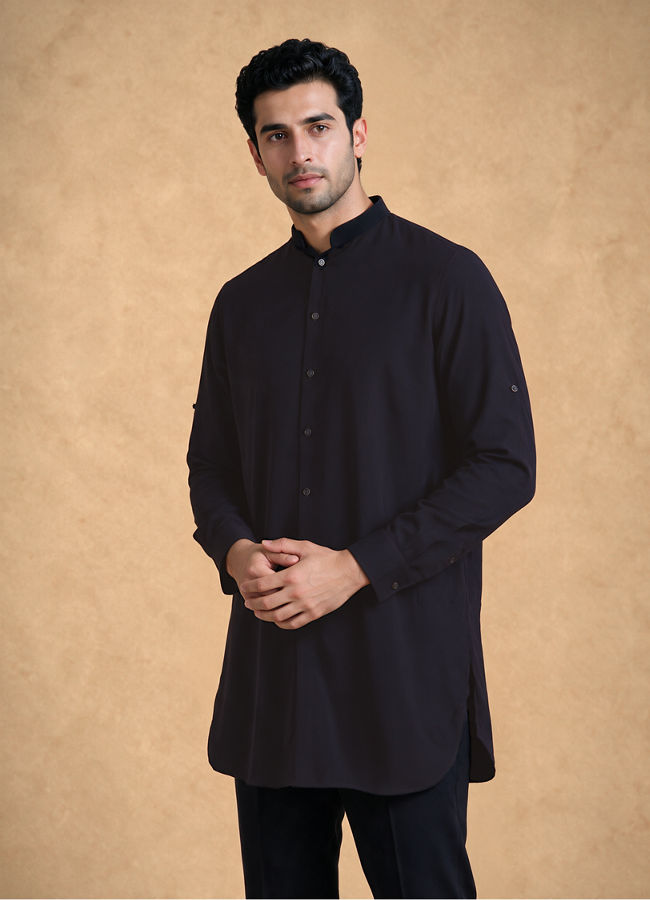 Manyavar Men Blue Velvet Kurta Jacket Set with Embroidery