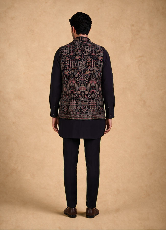 Manyavar Men Blue Velvet Kurta Jacket Set with Embroidery