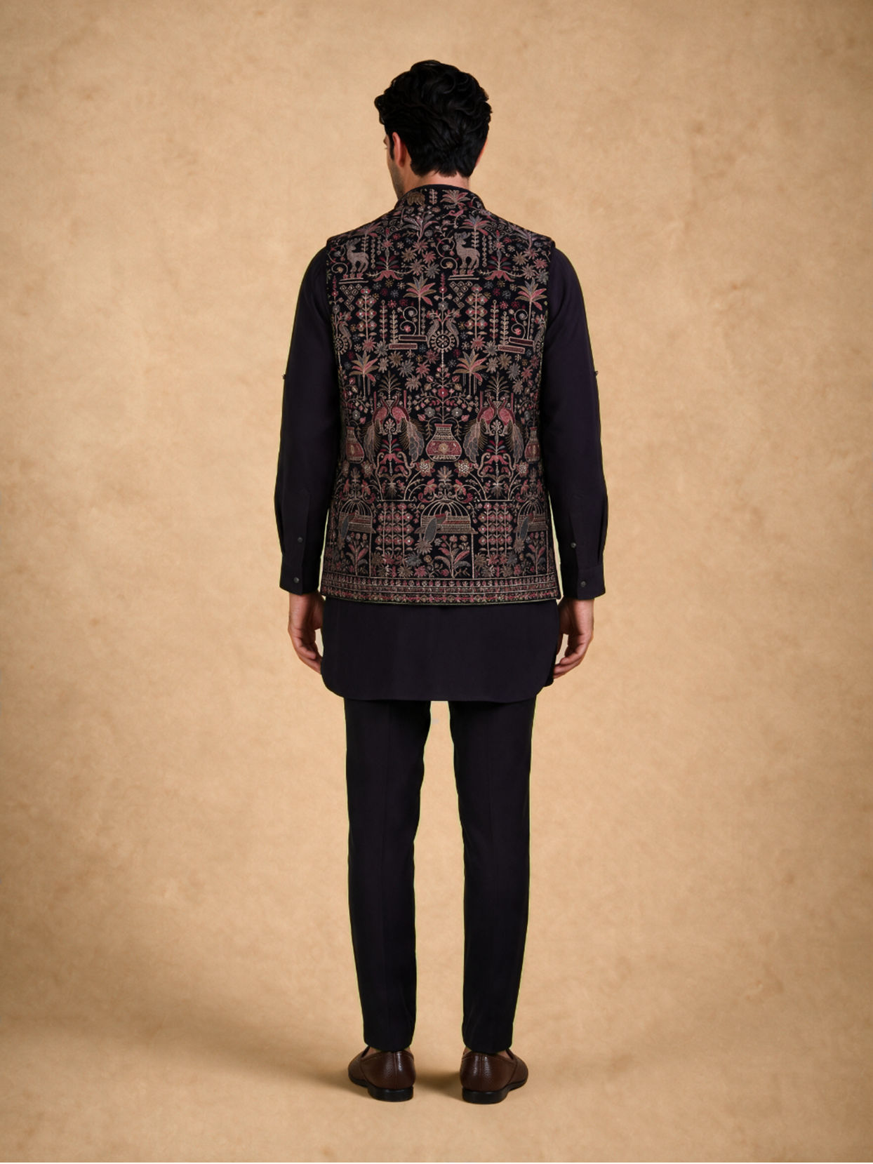 Manyavar Men Blue Velvet Kurta Jacket Set with Embroidery
