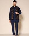 Manyavar Men Blue Velvet Kurta Jacket Set with Embroidery