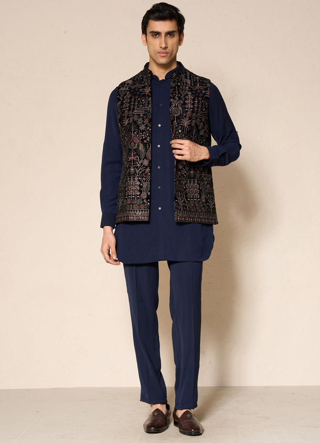 Manyavar Men Blue Velvet Kurta Jacket Set with Embroidery