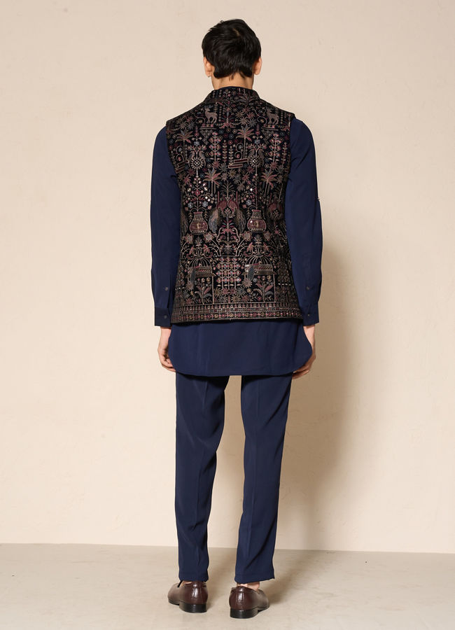 Manyavar Men Blue Velvet Kurta Jacket Set with Embroidery
