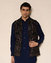 Manyavar Men Blue Velvet Kurta Jacket Set with Embroidery