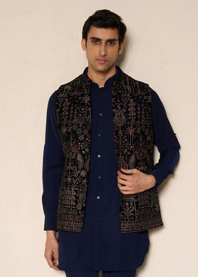Manyavar Men Blue Velvet Kurta Jacket Set with Embroidery