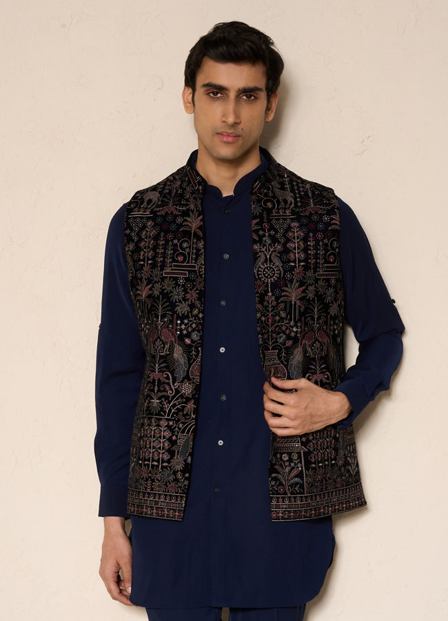 Manyavar Men Blue Velvet Kurta Jacket Set with Embroidery