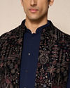 Manyavar Men Blue Velvet Kurta Jacket Set with Embroidery