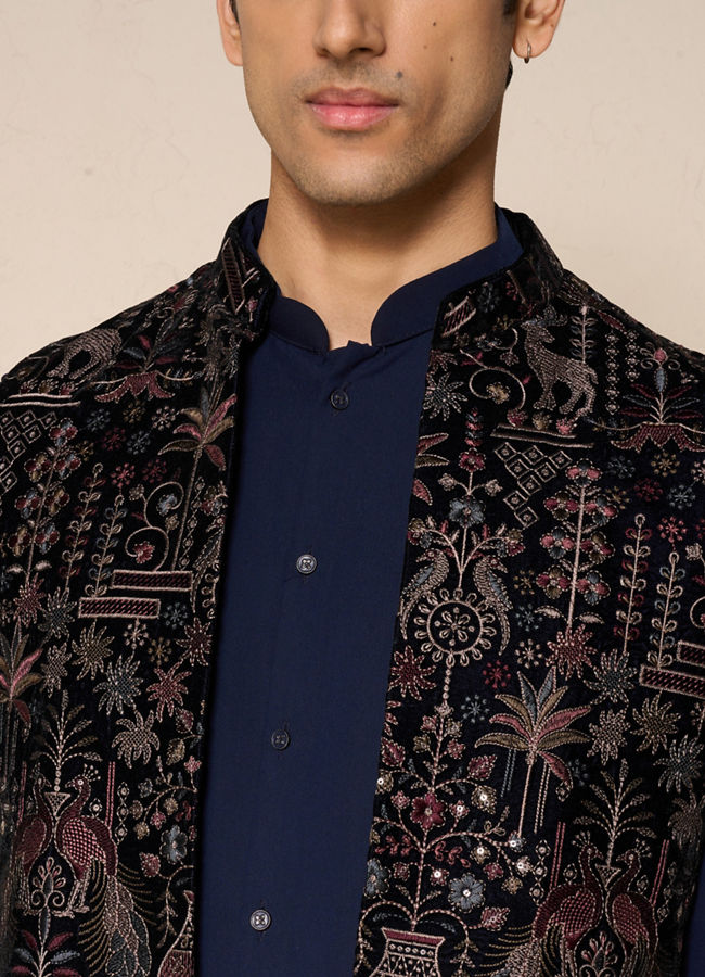 Manyavar Men Blue Velvet Kurta Jacket Set with Embroidery