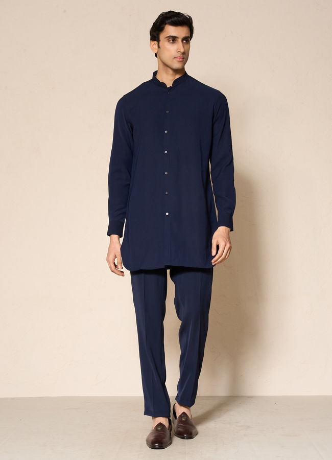 Manyavar Men Blue Velvet Kurta Jacket Set with Embroidery