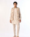 Manyavar Men Beige Cotton Kurta Jacket Set with Floral Printed