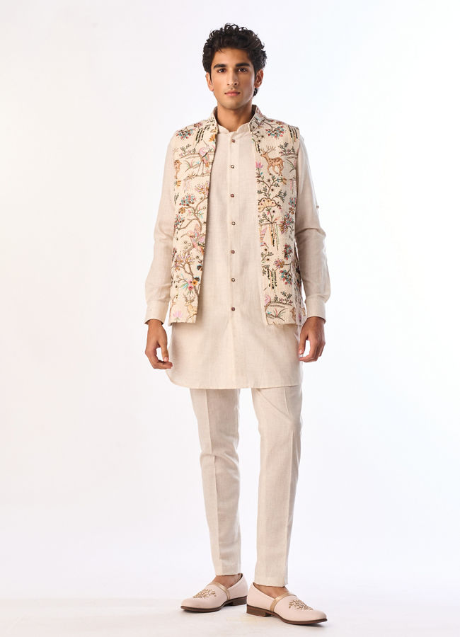 Manyavar Men Beige Cotton Kurta Jacket Set with Floral Printed