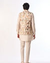 Manyavar Men Beige Cotton Kurta Jacket Set with Floral Printed