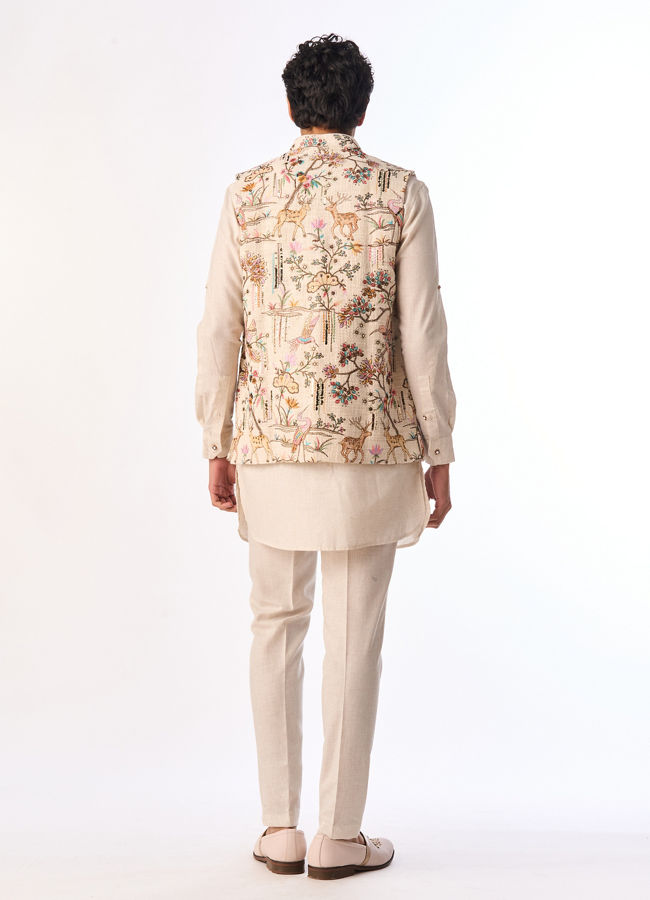 Manyavar Men Beige Cotton Kurta Jacket Set with Floral Printed
