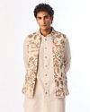 Manyavar Men Beige Cotton Kurta Jacket Set with Floral Printed